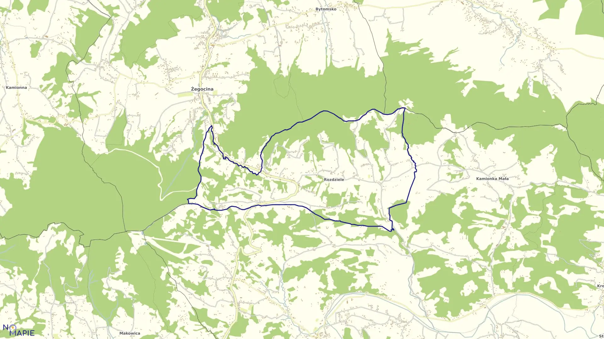 Mapa obrębu Rozdziele w gminie Żegocina